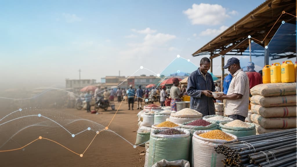 Traders at a Kenyan market with price-trend lines overlaid, illustrating how CommodityHub turns real market activity into legible price data.